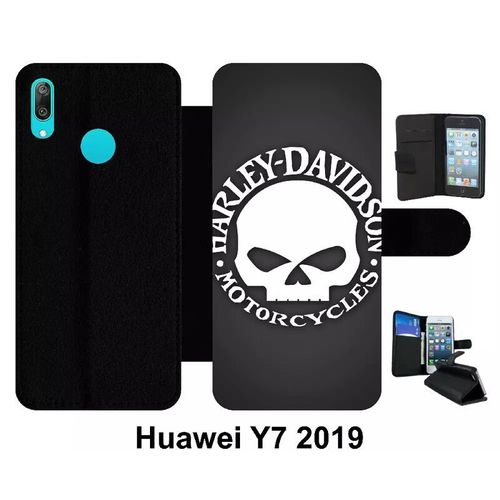 Etui À Rabat Pour Huawei Y7 - Harley Davidson Motors Tete - Simili-Cuir - Noir