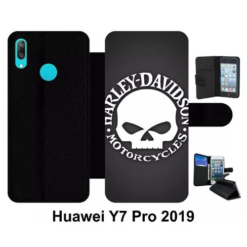 Etui À Rabat Pour Huawei Y7 Pro - Harley Davidson Motors Tete - Simili-Cuir - Noir
