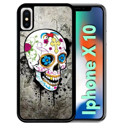 Coque Pour Iphone X - Skull Fleur Bleu Fond Gris - Noir