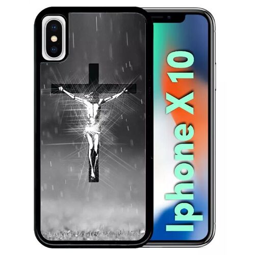 Coque Pour Iphone X - Jésus Croix Noir Et Blanc - Noir