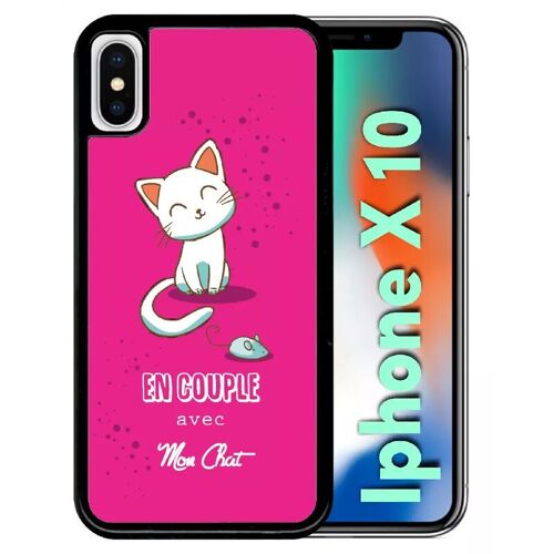 Coque Pour Iphone X - En Couple Avec Mon Chat Fond Rose - Noir