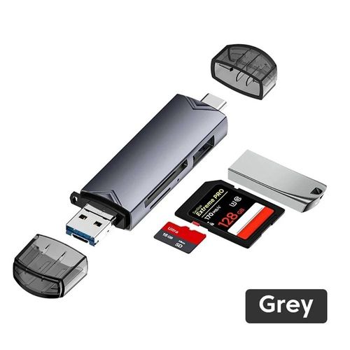 Lecteur de carte SD/TF 6 en 1,carte mémoire d'appareil photo,USB 3.0,lecteur de disque U,OTG multifonctionnel pour PC portable,téléphone portable--GRIS