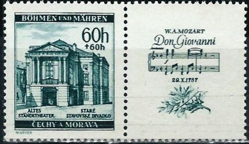 Tchécoslovaquie, Occupation Allemande, Bohème Moravie 1941, Très Beau Timbre Neuf** Luxe Yvert 70, 150 Ans De La Mort De Mozart, Ancien Théatre De Vienne Avec Vignette "Don Giovanni"