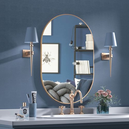 Cassilando miroir elliptique, 50 x 75 cm, miroir de salle de bain ovale, miroir à cadre métallique, suspendu horizontalement ou verticalement, miroir de maquillage doré pour salon (doré)