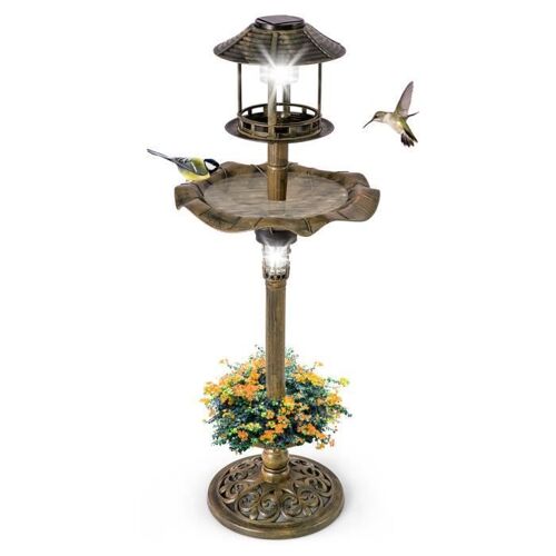 Costway Mangeoire D'oiseaux Solaire Sur Pied, Support À Remplir, Bain D'oiseaux Avec 2 Panneaux Solaires Et Jardinière, Bronzé Rétro