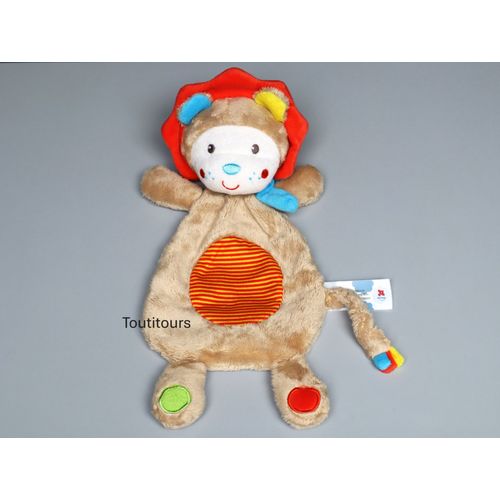Doudou lion plat beige orange bleu Nicotoy