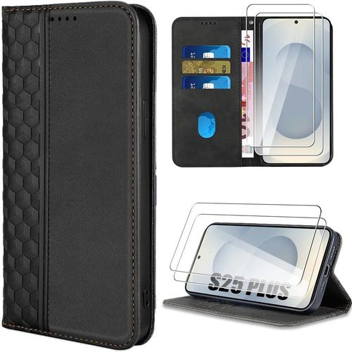 Coque + 2 Verres Trempés pour Samsung Galaxy S25 Plus (S25+) Protection Antichoc Synthécuir Noir - E.F.Connection