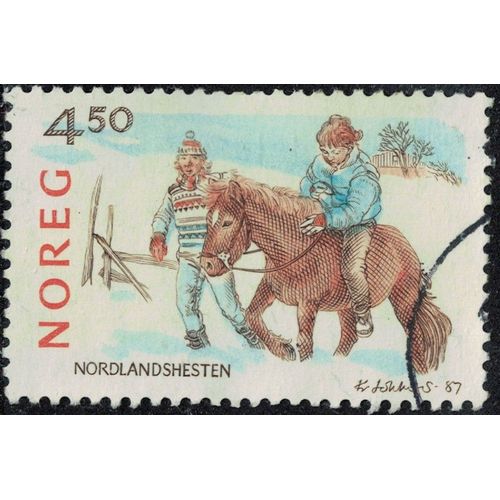 Norvège 1987 Oblitéré Used Enfants Sur La Neige Cheval De Selle Nordlandshest Y&t No 939 Su