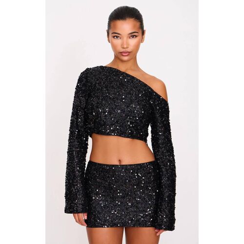 Top Texturé Noir À Sequins Et Manches Longues, Noir