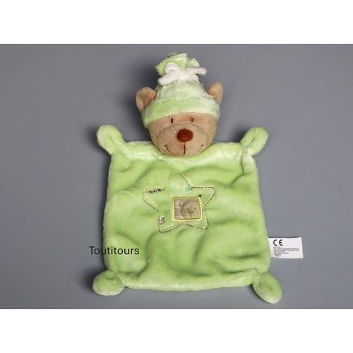 Doudou ours plat vert beige étoile Nicotoy