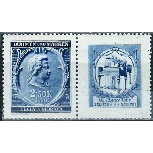 Tchécoslovaquie, Occupation Allemande, Bohème Moravie 1941, Beau Timbre Yvert 72, Portrait - 150ème Anniversaire De La Mort De Mozart, Avec Vignette Représentant Son Clavecin, Neuf*