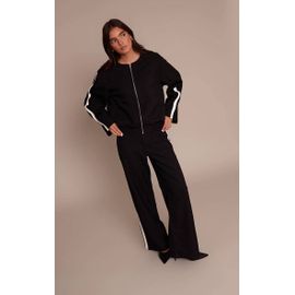 Pantalon Tailleur Noir Rayé À Jambe Droite, Noir