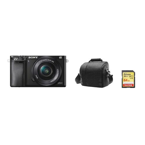 Sony A6000 hybride 24.3 mpix Noir + objectif SEL 16-50MM F3.5-5.6 OSS Black + 64GB SD card + camera Sac