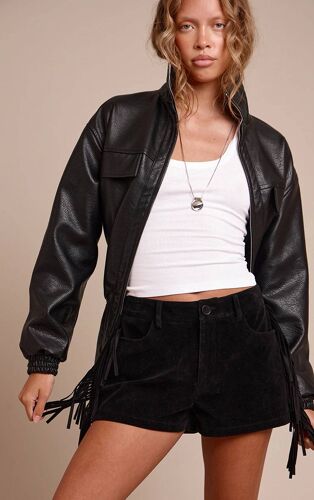 Short En Suédine Noire À Franges, Noir