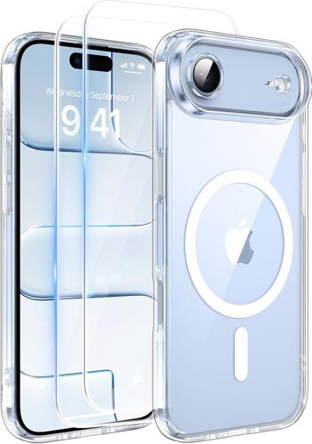 Magnétique Coque pour iPhone Air avec 2 Verre Trempé, Compatible avec MagSafe, Protection d'objectif Tout Compris, Etui Mat Arrière Housse Fine Antichoc Case iPhone Air 6.5"", Transparent