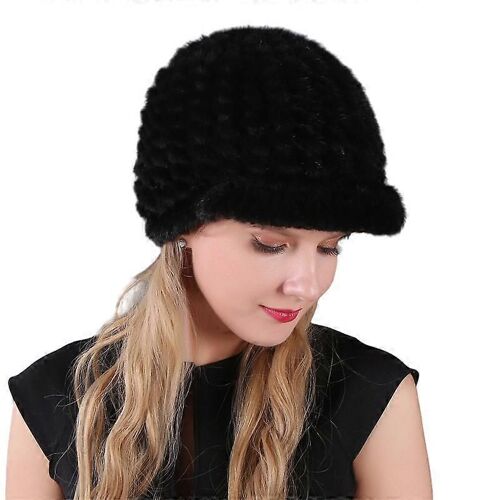 Evago Chapeaux De Fourrure D'hiver Pour Les Femmes Tricot Bonnet Chaud Dames Chapeaux Flous Ski Neige Équipement Mignon Chapeau De Fourrure De Vison Avec Visière-Noir-Adulte-Femelle