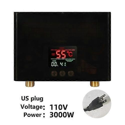 110v 220v Chauffe-eau instantané Salle de bain Cuisine Chauffe-eau mural électrique Affichage de la température Lcd avec télécommande-Prise 110V-3000W-US-NOIR