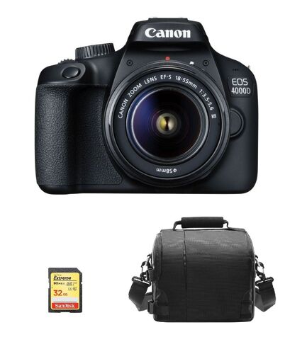 CANON EOS 4000D reflex 18 mpix + objectif KIT EF-S 18-55MM F3.5-5.6 III + 32GB SD card + camera Bag