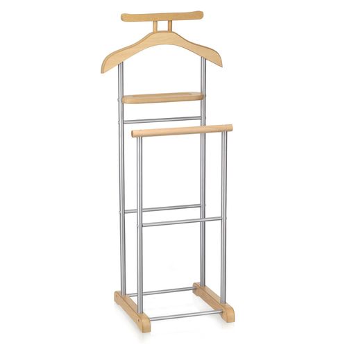 Valet De Chambre Medina Chevalet De Nuit Double Portant Pour Vêtements, En Mdf Couleur Hêtre Et Métal Laqué Argenté