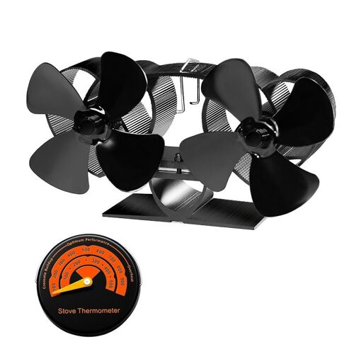 Avec thermomètre - Ventilateur de cheminée à 8 lames, double tête, brûleur de bois, éco silencieux, Distribution de chaleur efficace pour la maison