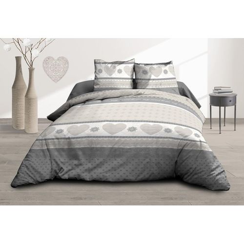 Sjzg-Housse De Couette 240x260 + 2 Taies - Pur Coton 57 Fils - Coeurs Gris