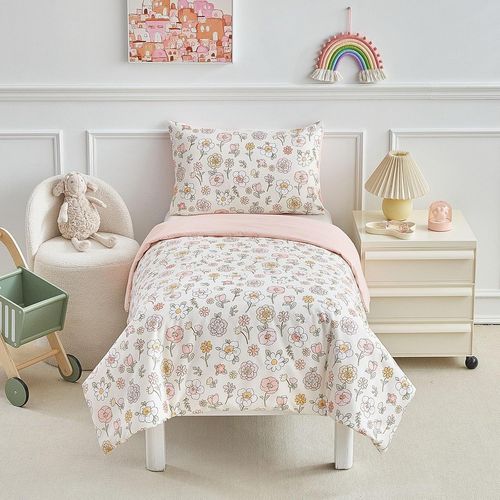 Housse De Couette Fleurie Rose Pour Lit Enfant, Ensemble Literie Fille, Couverture Et Taie Oreiller Confortable - 120 X 150