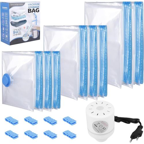 SJZG-Lot De 8 Sacs Sous Vide Pour Vêtements Avec Pompe À Air Électrique, 2 Jumbo, 3 Grands, 3 Moyens - Sacs De Compression Sous Vide Réutilisables Pour Oreillers, Voyage, Linge De Lit, Sacs De