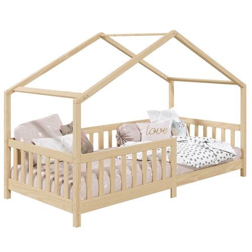 Lit cabane enfant 90x190 cm LISAN lit Simple montessori avec Barrières de Protection en Bois Massif finition naturelle