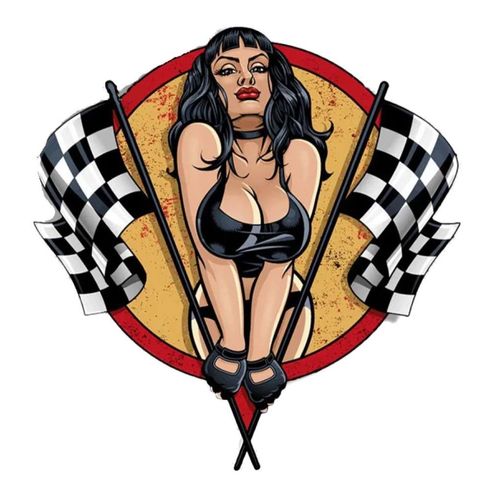 Sticker Fin Pin Up Brune Entre 2 Drapeaux A Damiers 13x12.5 Cm Autocollant