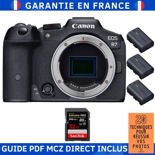 Canon EOS R7 + 1 SanDisk 32GB Extreme PRO UHS-II SDXC 300 MB/s + 3 Canon LP-E6NH + Guide PDF MCZ DIRECT '20 TECHNIQUES POUR RÉUSSIR VOS PHOTOS'