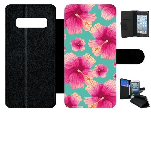 Etui a rabat - Hibiscus fond turquoise - compatible avec samsung Galaxy S10 - Simili-cuir - bord Noir
