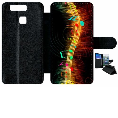 Etui A Rabat - Musique Note Multicolor - Compatible Avec Huawei Ascend P9 - Simili-Cuir - Bord Noir