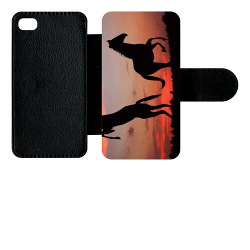 Etui A Rabat - Chevaux Coucher De Soleil - Compatible Avec Apple Iphone 4s - Simili-Cuir - Bord Noir