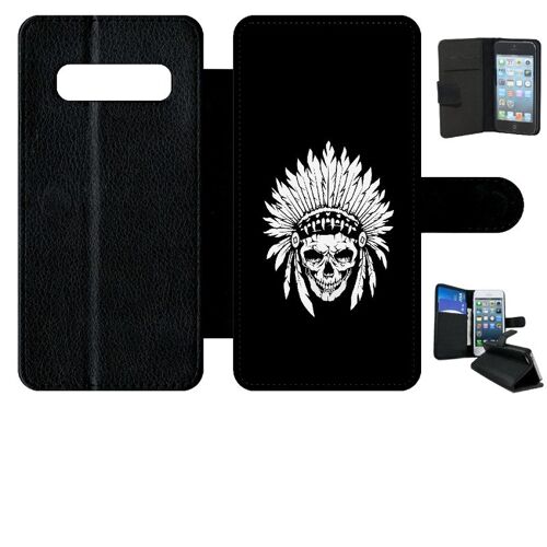 Etui A Rabat - Tete De Mort Coiffe Indienne Noir Et Blanc - Compatible Avec Samsung Galaxy S10 - Simili-Cuir - Bord Noir