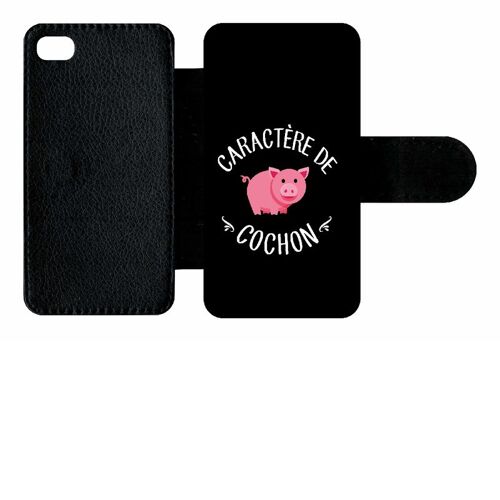 Etui a rabat - Caractere de cochon fond noir - compatible avec apple iPhone 4s - Simili-cuir - bord Noir
