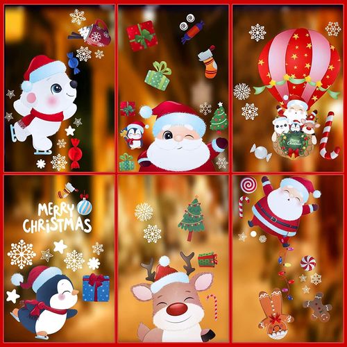 Stickers Noel Fenetre, Déco Fenêtre Noël Réutilisables, Autocollant Noel Fenetre Statiques PVC avec Père Noël Renne et Flocons de Neige(B)
