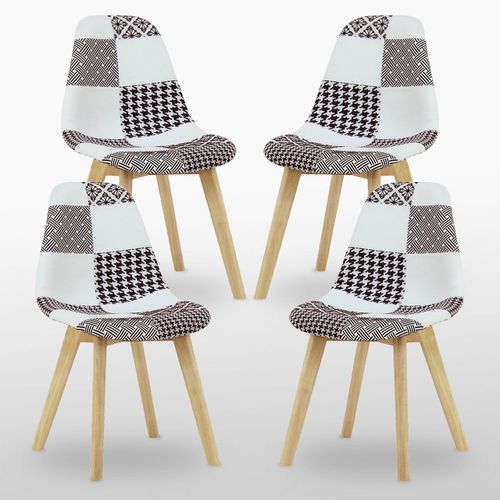 Lot De 4 Chaises Scandinaves En Tissu Patchwork - Coloris Noir & Blanc - Salle À Manger, Cuisine