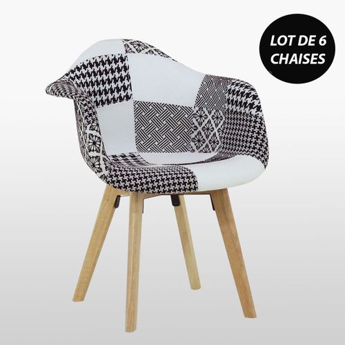 Lot De 6 Chaises Scandinaves En Tissu Patchwork Avec Accoudoirs - Coloris Noir & Blanc - Salle À Manger, Cuisine, Bureau
