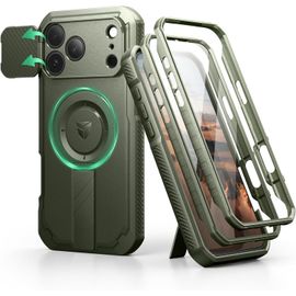 Pour Magnétique Coque Iphone 17 Pro Max Avec Cache Caméra Coulissant & Kickstand Pliable & Protecteur D'écran Intégré, Coques Protection Pare-Chocs Robustes Couverture - Vert Militaire