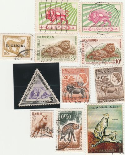 11 Timbres De Divers Pays - Animaux - Lions, Hyènes Et Divers Félins