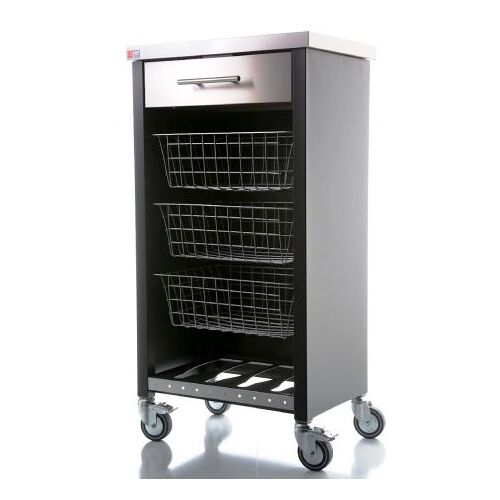 DON HIERRO - Chariot de cuisine à roulettes CHELSEA ¿ Plan inox, 3 paniers, tiroir et casier à bouteilles-Noir