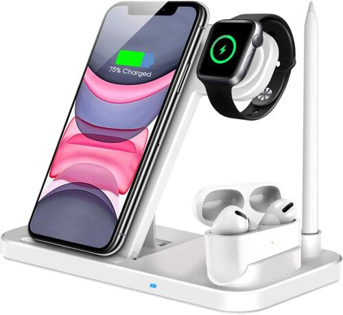 Chargeur sans fil, Station de charge rapide certifi¿¿e Qi 4 en 1 Compatible Apple Watch Airpods Pro iPhone Samsung xiaomi, Support de charge sans fil Compatible-blanc