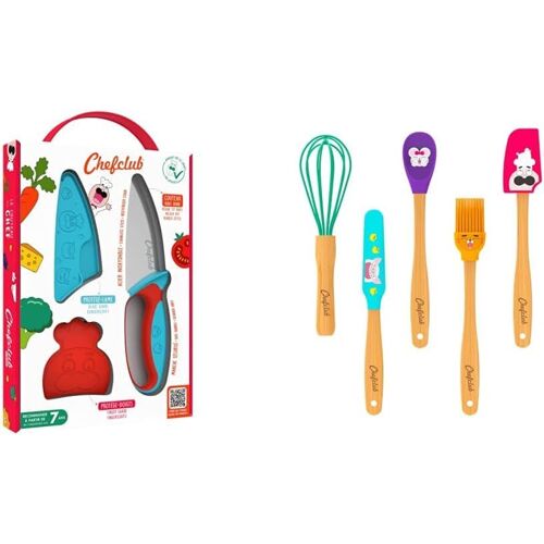 Subzonal-Le Couteau Du Chef Chefclub Kids Bleu & Rouge - Set De 5 Mini-Ustensiles De Cuisine En Bambou Et Silicone - 2kit917