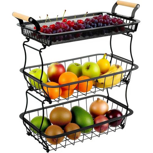 Corbeille À Fruits 3 Niveaux Avec 2 Crochets À Bananes,Panier En Maille Métallique Pour Plan De Travail,Support De Rangement Pour Fruits,Légumes,Oignons,Pommes De Terre,Pain Et Snacks