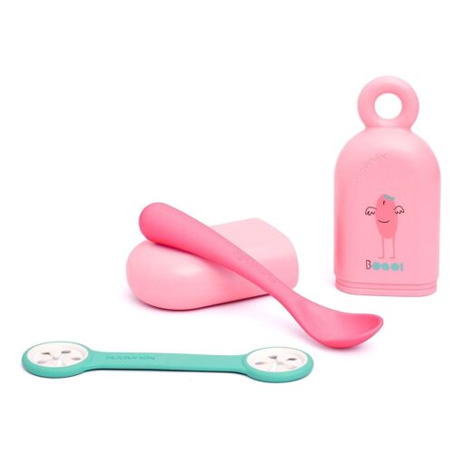 Set Booo Cuillère + Étui + Attache Serviette 4 Mois+ Rose - Suavinex