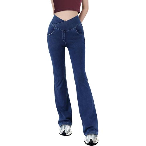 Femmes V Crossover Taille Haute Hanches Control Casual Fitness Legging Yoga Pants Faux Jean Imprimé Femmes Bottes De Yoga Pantalons De Fitness Évasés Avec Poches Latérales.Bleu,Xl