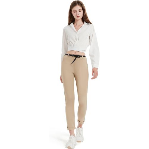 Pantalon Femme Taille Haute Classique Chic Et Élégant Cargo Chino Droit Avec Ceinture Boucles Bouton Fermeture Éclair Coton Stretch Ville Senior Travail Lyocell