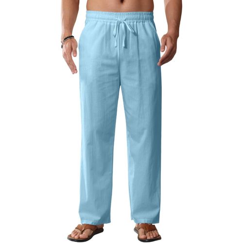 Pantalon De Yoga Décontracté En Lin Pour Homme, Coupe Décontractée, Couleurs Unies, Taille Élastique Avec Cordon De Serrage
