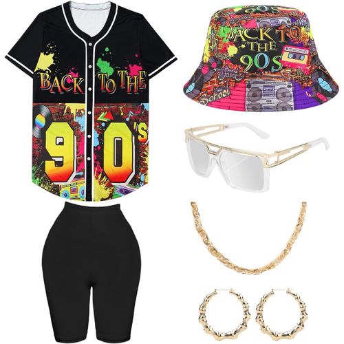 Kit Déguisement Année 80 90 Femme Leggings Yoga, Hip Hop Amples Vetement, Lunettes Chapeau De Seau Boucles D'oreilles Collier, Costume Annees 80 90 Accessoires, Chemise Baseball Shirt