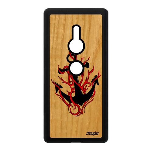 Coque Sony Xperia XZ2 bois veritable silicone ancre jolie imprimé etui Rouge 4G